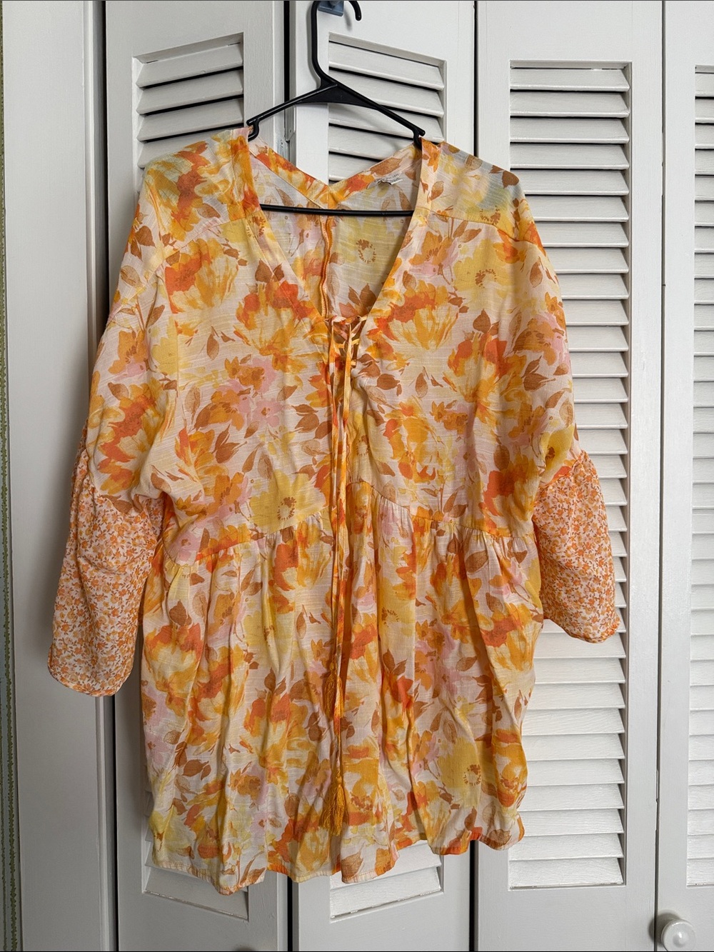 Cato Yellow Orange Floral Lace-Up Peasant Tunic